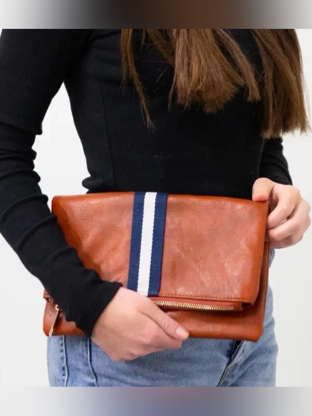 Funky Monkey Preppy Stripe Fold Over Clutch Purse Brown with Black/White Stripe